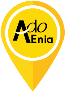 Adoenia logo, design moderne avec texte noir sur fond jaune vif, représentant la marque Adoenia.